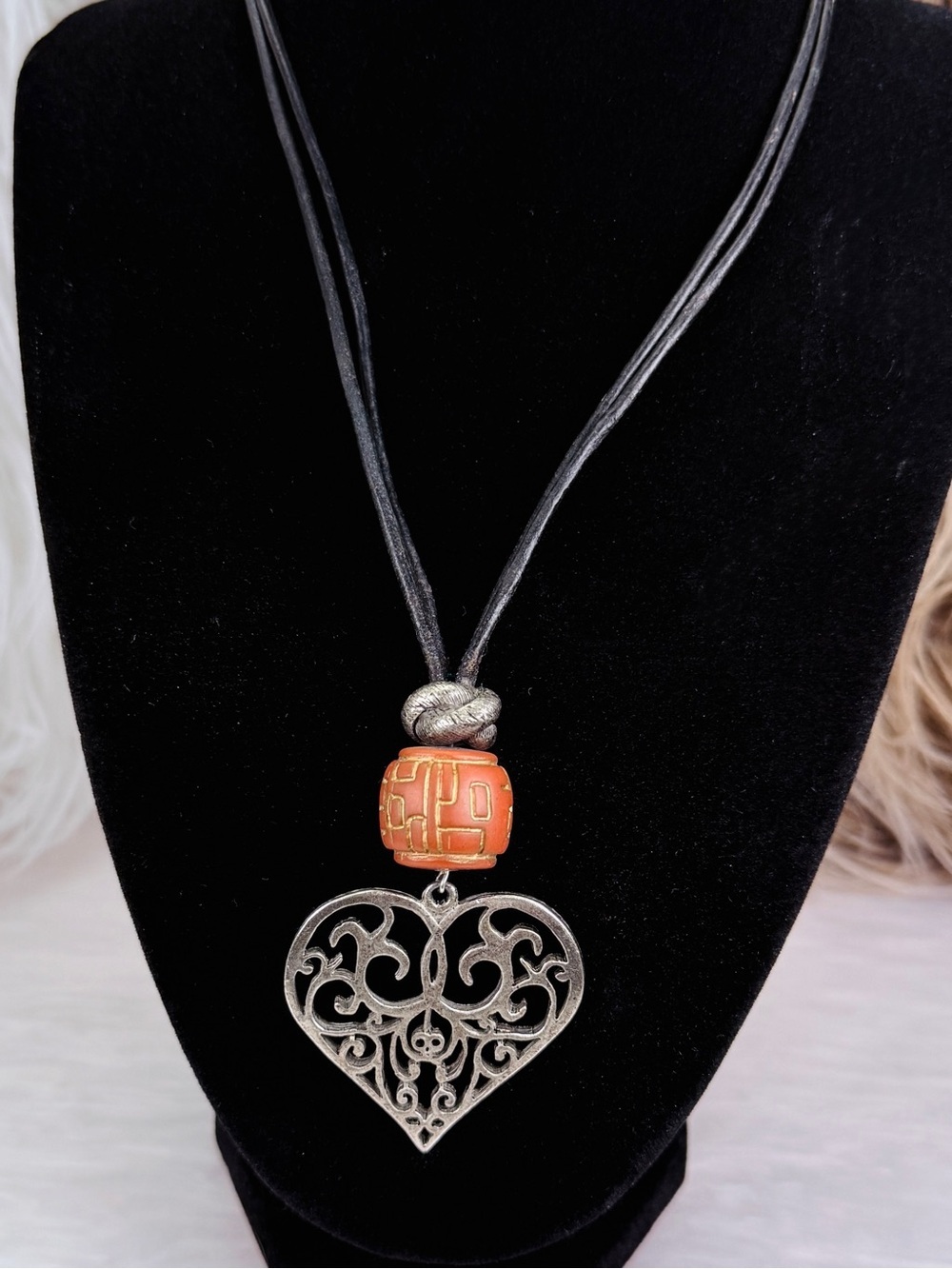 Filigree Heart Pendant Cord Necklace Orange Accent Bead